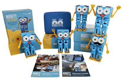 Marty V2 robot 5 pack with boxes and educator's guide for coding, robotics, and STEM learning.