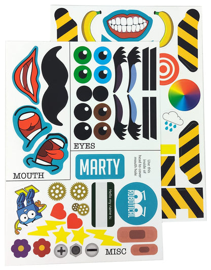 Fun sticker sheets for personalizing Marty the Robot, featuring eyes, mouths, and playful designs for creativity.