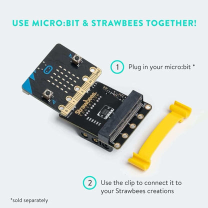 micro:bit and Strawbees connection guide with clip for robotics projects in a classroom setting.