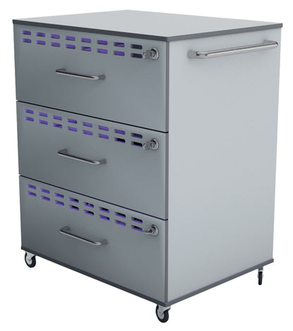 Modern silver storage cart with three drawers and ventilation slots on the front, mounted on wheels for easy mobility.