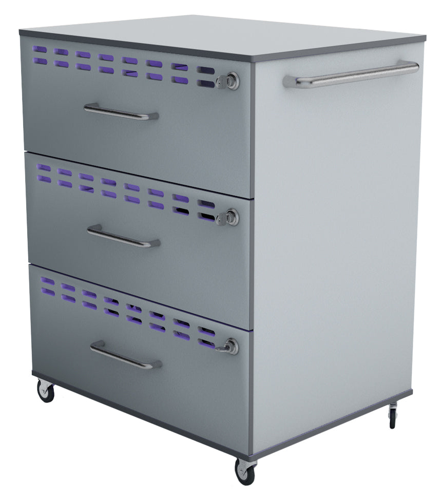 Modern silver storage cart with three drawers and ventilation slots on the front, mounted on wheels for easy mobility.