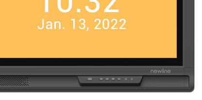 Newline Lyra 75" Touch Screen display showing time and date on vibrant orange background.