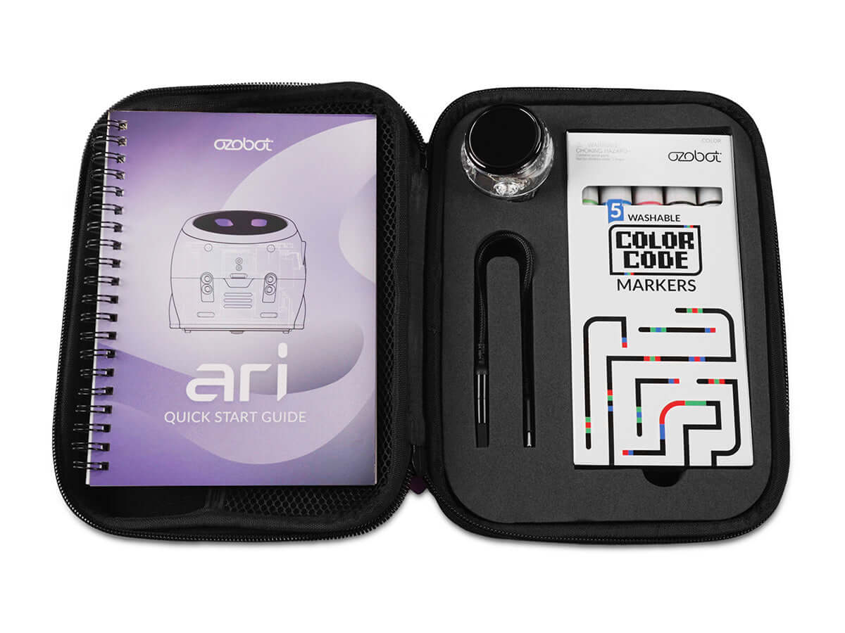 Ozobot Ari Entry Kit with quick start guide, color code markers, and accessories for interactive learning.