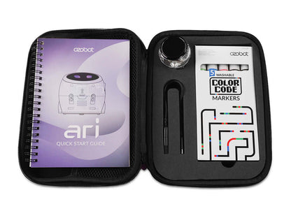 Ozobot Ari Entry Kit with quick start guide, color code markers, and accessories for interactive learning.