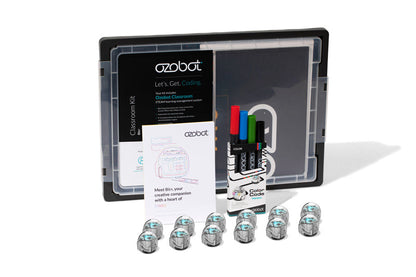 Ozobot Bit+ Classroom Kit with 12 bots, markers, and instruction card for coding and creativity
