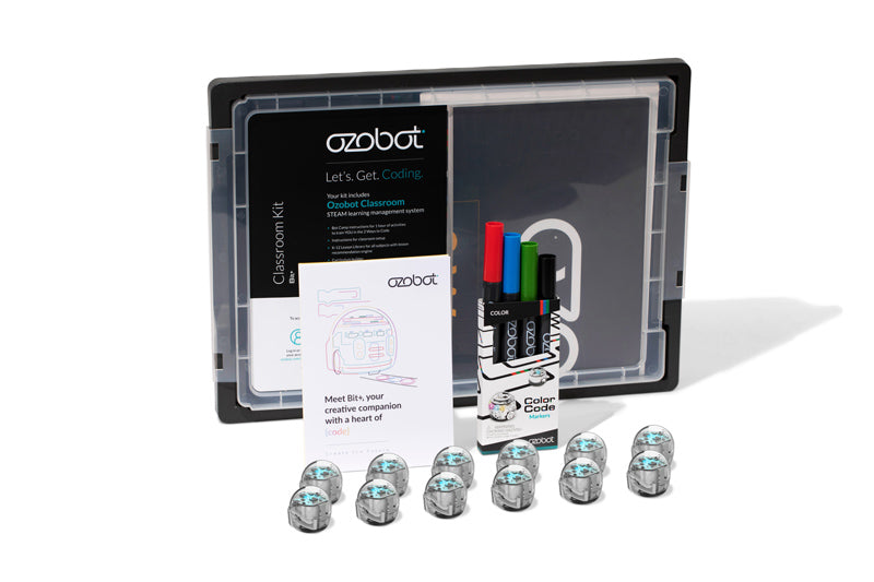 Ozobot Bit+ Classroom Kit with 12 bots, markers, and instruction card for coding and creativity