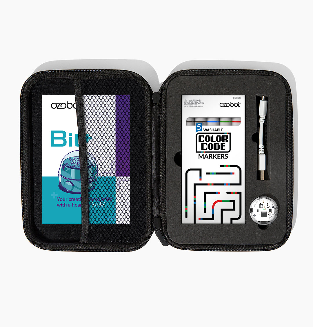 Ozobot Bit+ Entry Kit with coding guide and color code markers in a protective case.