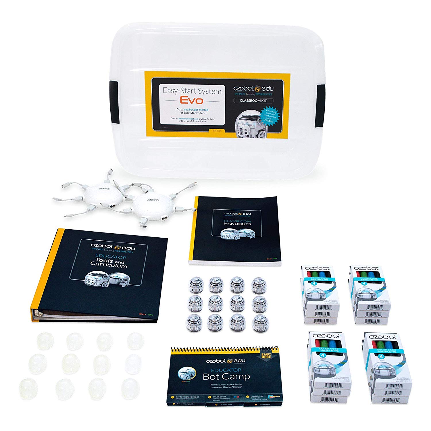 Ozobot Evo Classroom Kit contents including robots, instructional books, and accessories in a clear storage container.