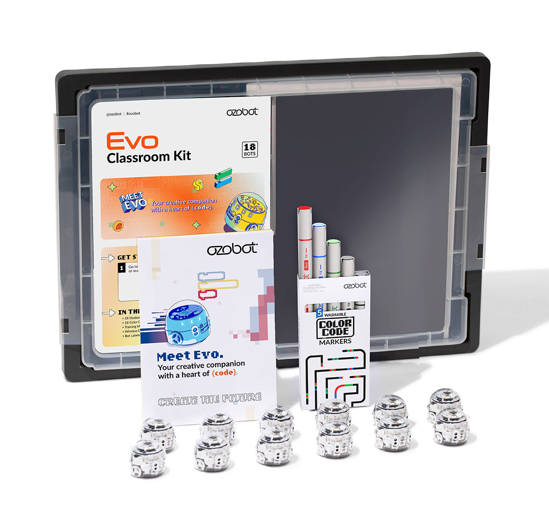Ozobot Evo Classroom Kit (18-pack) showing robots, coloring markers, and instructional materials.