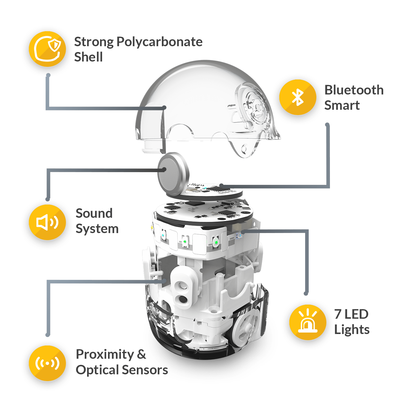 Diagram of Ozobot Evo components including sensors, audio system, and Bluetooth capabilities.