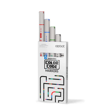Ozobot washable markers 5-pack in black, red, blue, green for coding with Evo and Bit robots.