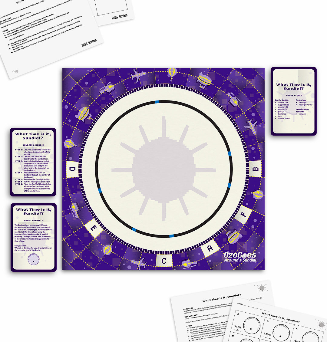 OzoGoes Around A Sundial educational kit for learning STEAM concepts with solar system theme.
