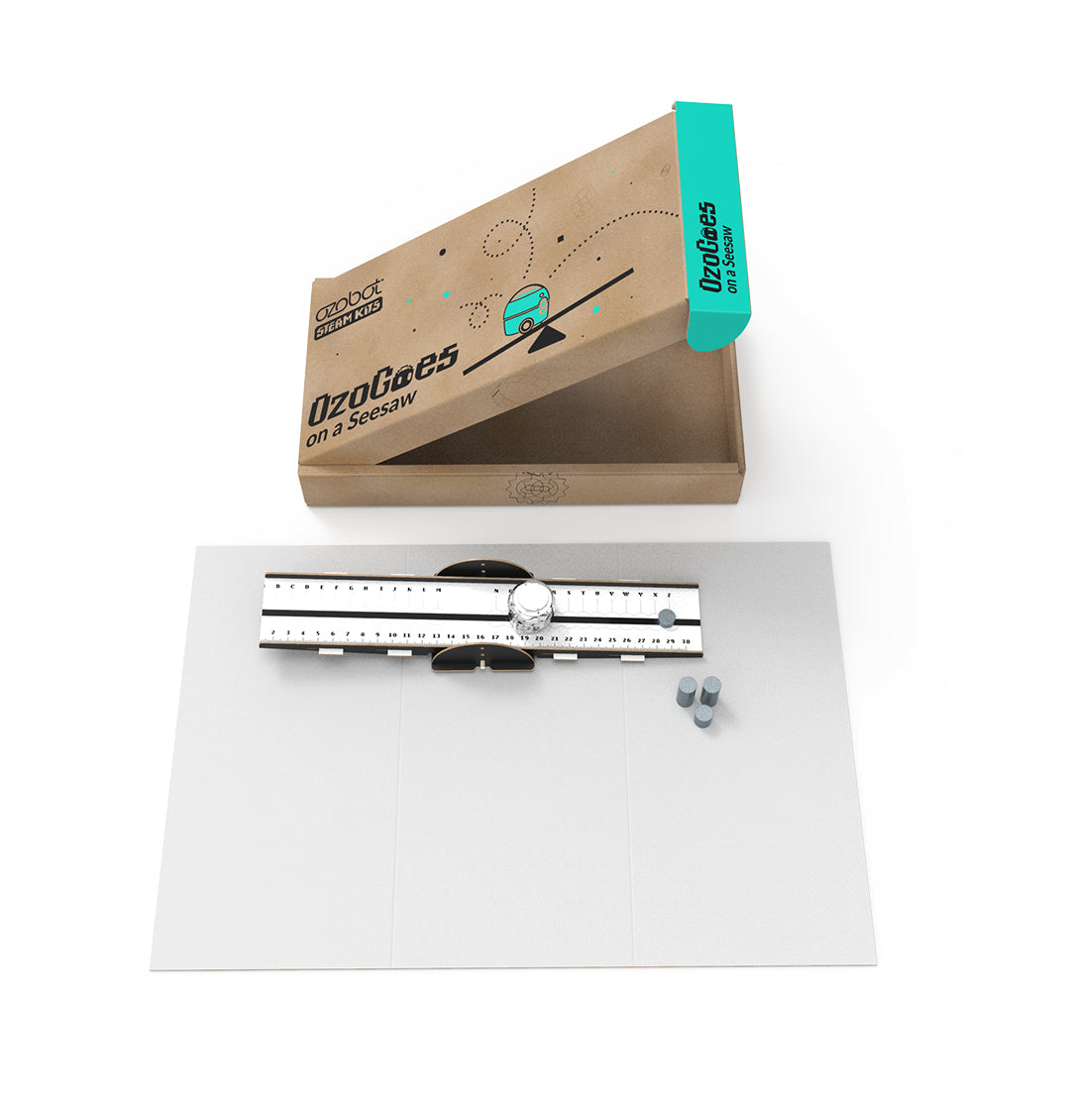 OzoGoes On A Seesaw kit packaging with seesaw platform and components for STEAM learning, ideal for classrooms.