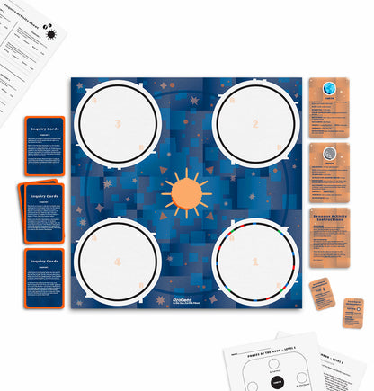 Illustration of OzoGoes to the Sun educational kit with inquiry cards and a solar system activity board.