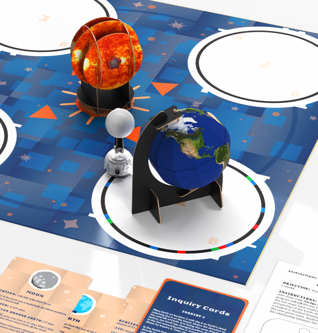 OzoGoes to the Sun, Earth & Moon kit featuring educational solar system models and inquiry cards.