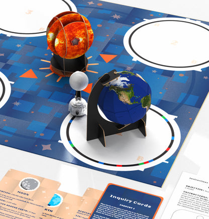 OzoGoes to the Sun, Earth & Moon kit featuring educational solar system models and inquiry cards.