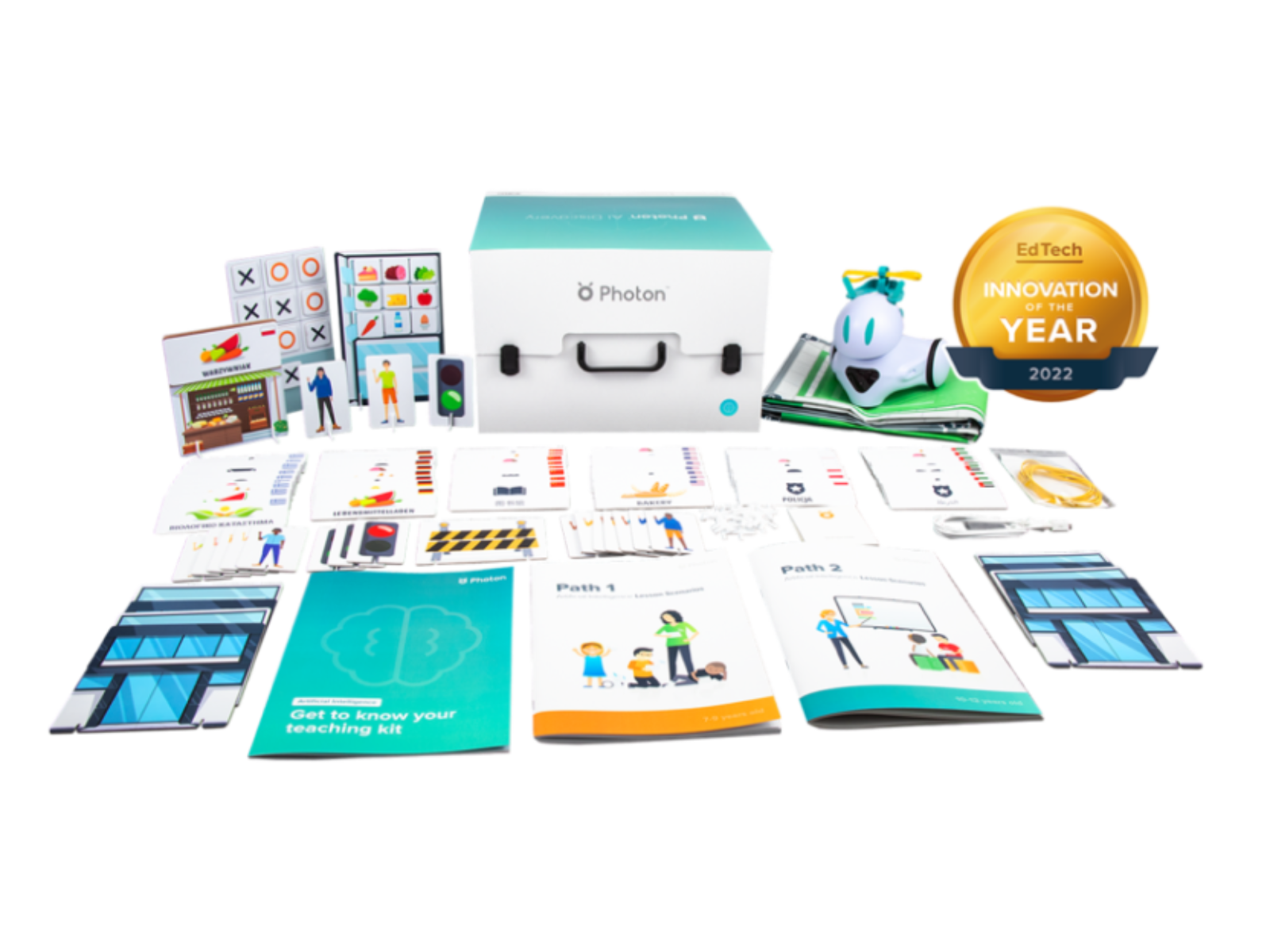 Photon Teaching Kit for AI Discovery featuring materials for building AI systems with students and an innovation award.