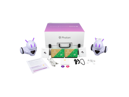 Photon Teaching Kit for robotics and coding featuring robots, microcontroller, and accessories for educational use.