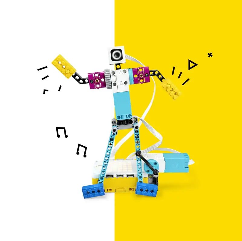 Colorful robotic figure made of building blocks dancing with music notes on a bright yellow background.