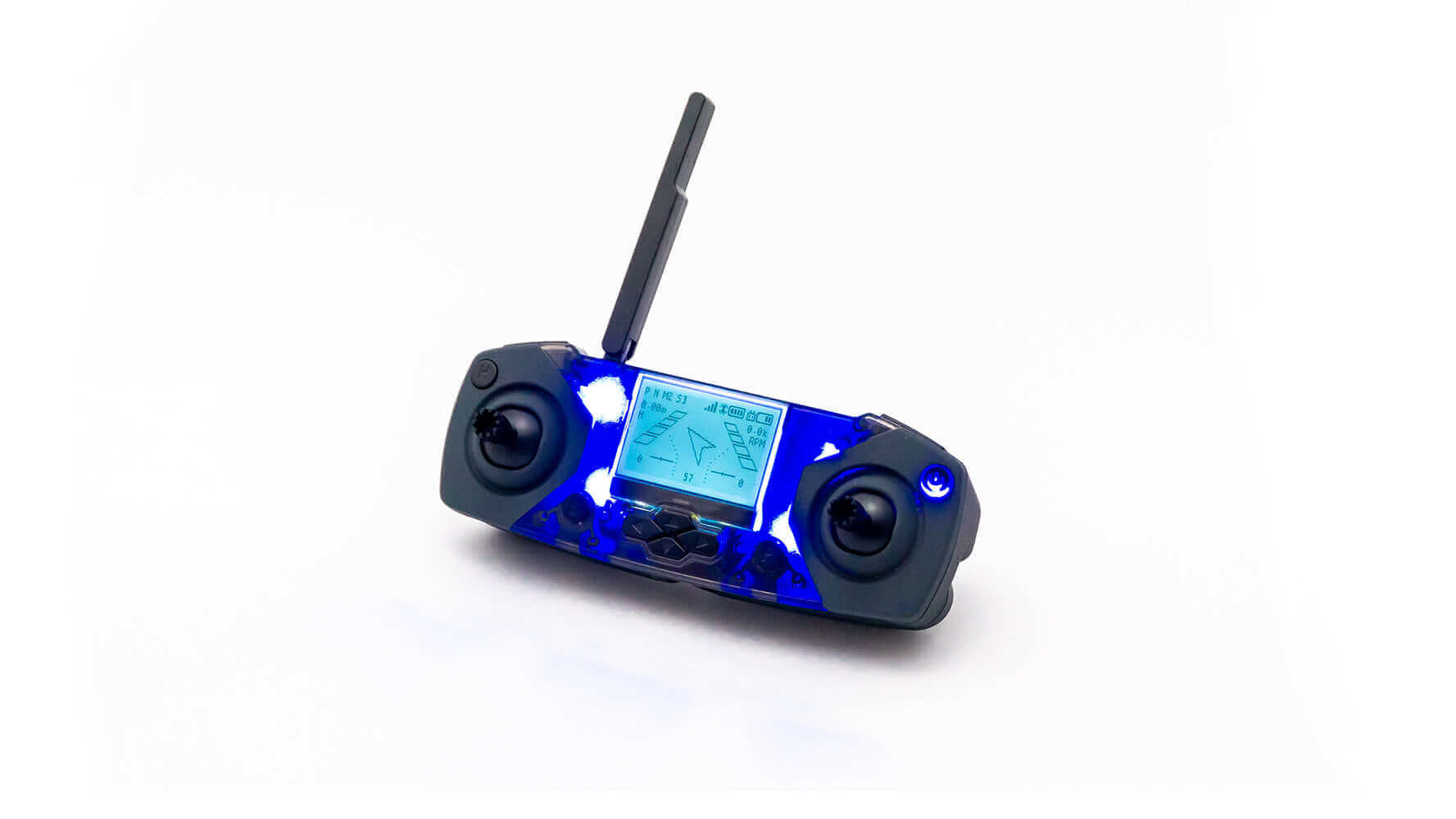 Robolink CoDrone EDU Smart Controller with blue accents and screen for piloting and coding the drone.