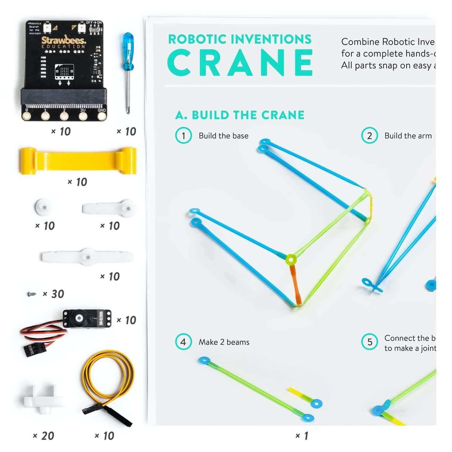 Robotic Invention Crane kit with micro:bit parts and assembly instructions for building robotic structures.