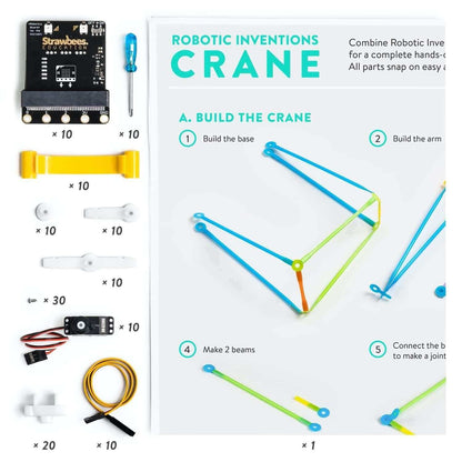 Robotic Invention Crane kit with micro:bit parts and assembly instructions for building robotic structures.