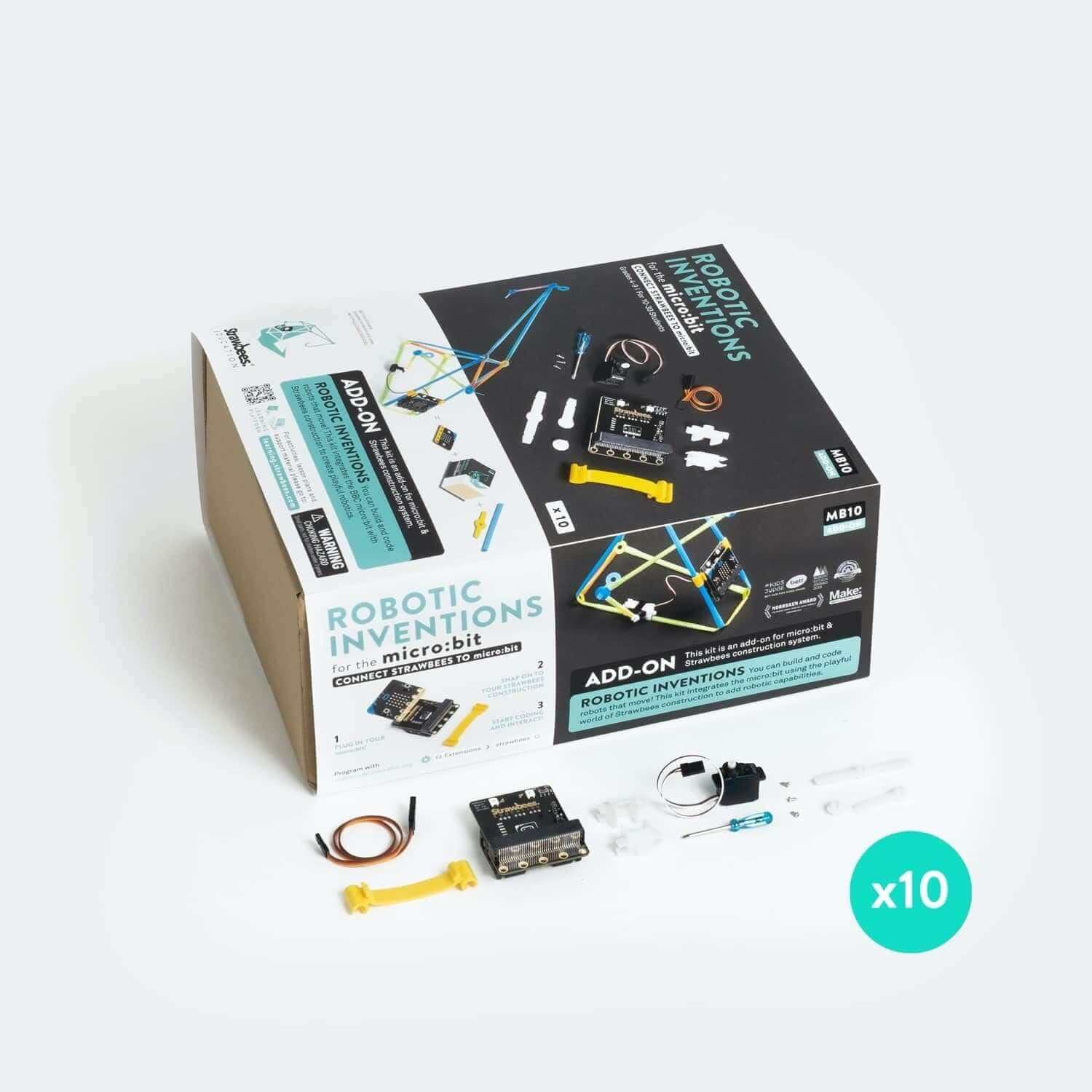 Robotic Invention for micro:bit kit, featuring 10 robotic boards and accessories for building programmable robots.