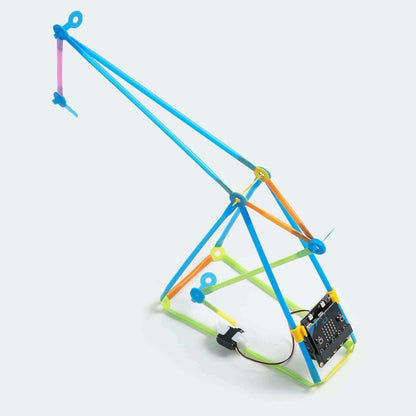 Colorful Strawbees robotic crane model with micro:bit, showcasing programmable movement capabilities.