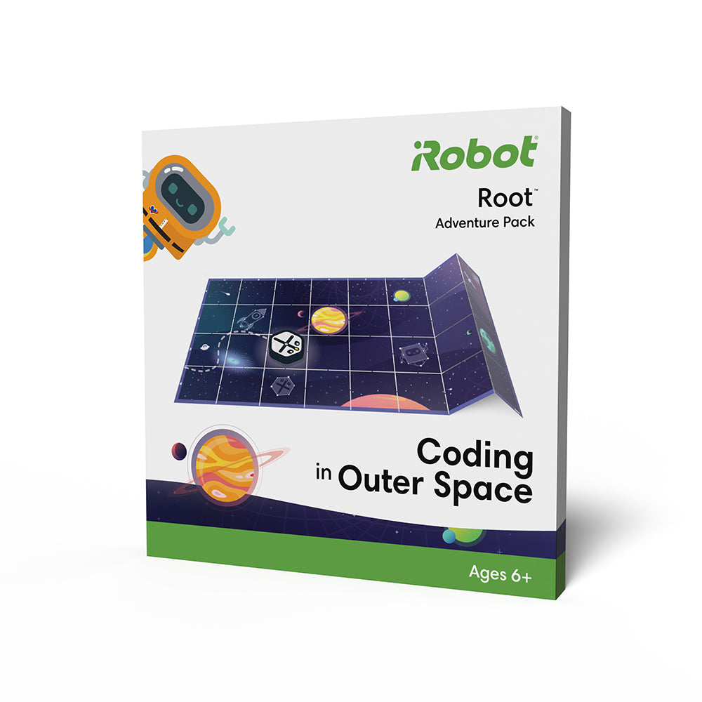 Root Adventure Pack for kids featuring coding in outer space theme with planets and a space robot design.