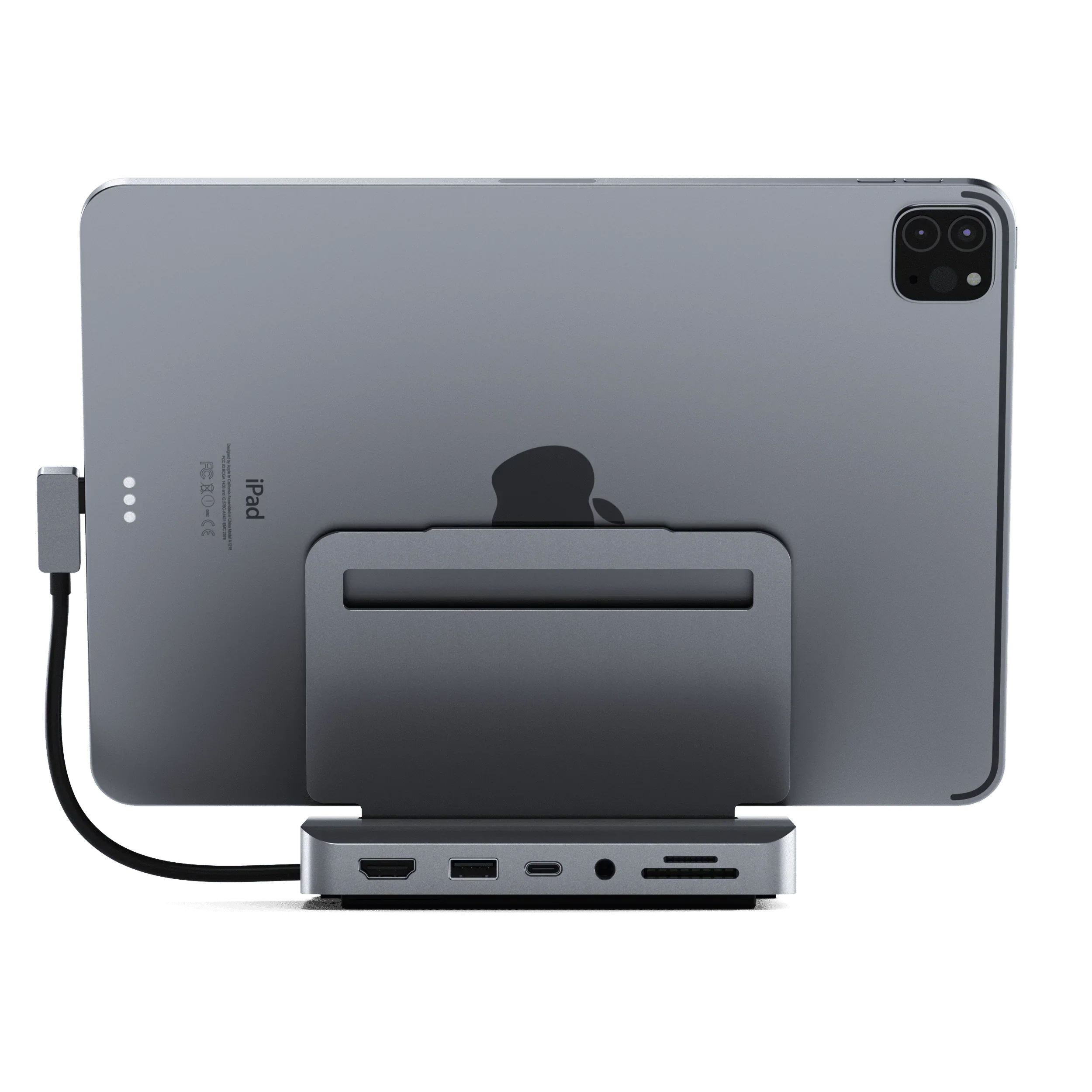 Satechi Aluminium Stand Hub for iPad Pro with ports for HDMI, USB, and SD card, enhancing tablet functionality.