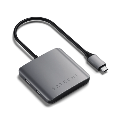Satechi Aluminum 4-Port USB-C Hub with sleek design, easily connects multiple USB-C devices.