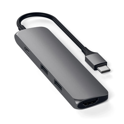 Satechi Type-C Slim Multi-Port Adapter with HDMI and USB ports, sleek aluminum design.