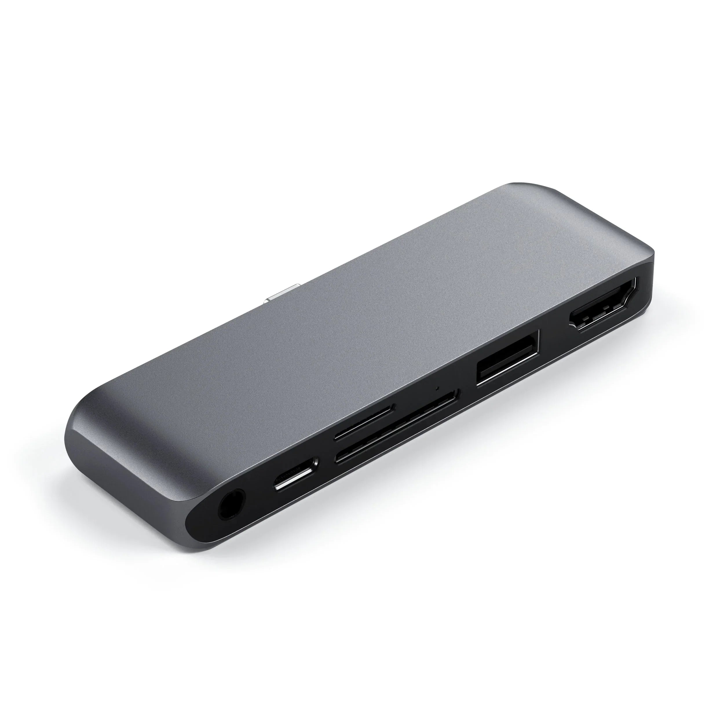 Satechi USB-C Mobile Pro Hub SD in sleek gray with multiple ports for data transfer and display.