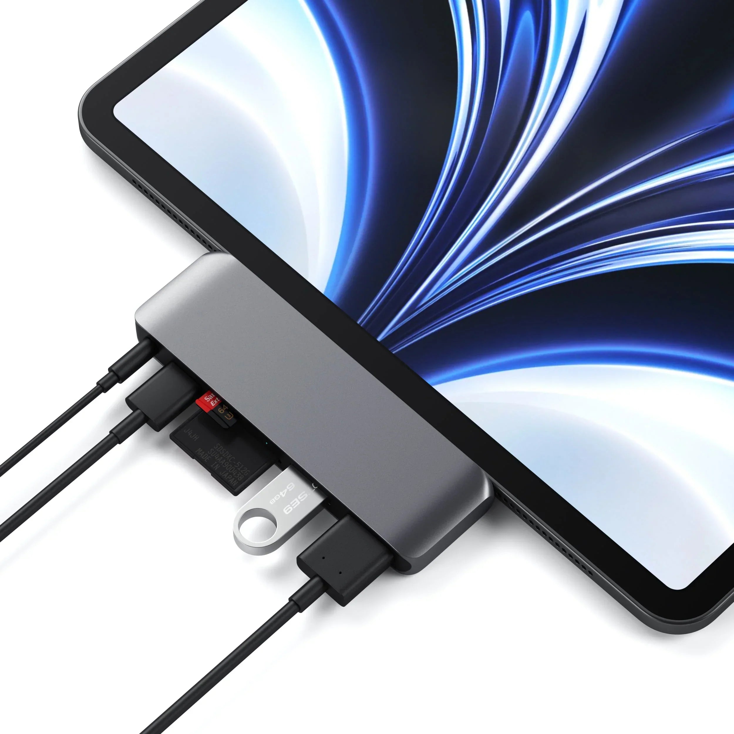 Satechi USB-C Mobile Pro Hub connected to an iPad, showcasing SD card and USB ports for enhanced functionality.