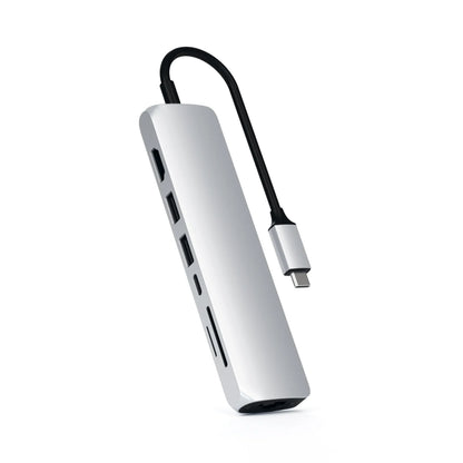 Satechi USB-C Slim Multi-Port Adapter with Ethernet, HDMI, USB-A, and card readers for laptops.