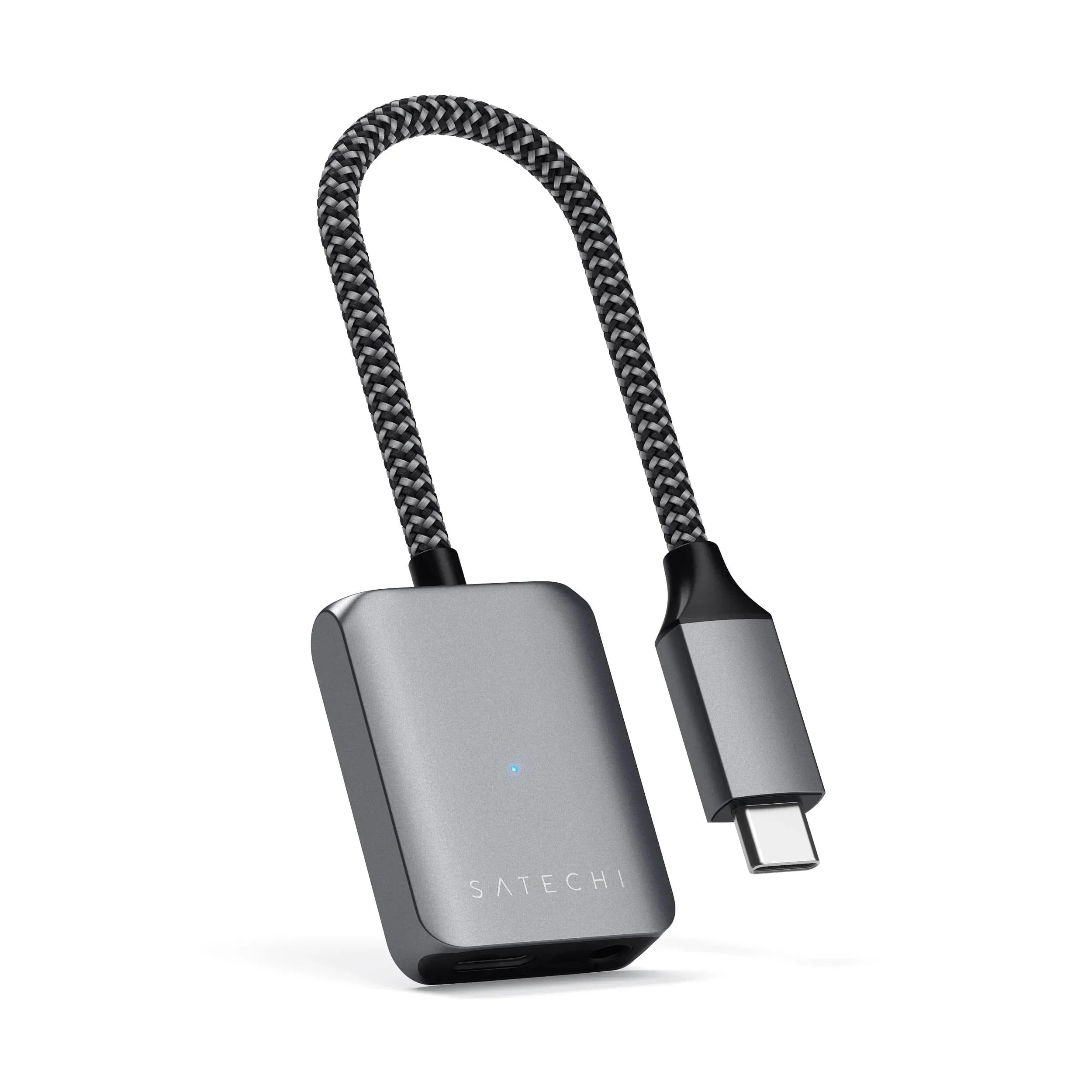 Satechi USB-C to 3.5mm Audio & PD Adapter with aluminum design and braided cable for enhanced audio quality and charging.