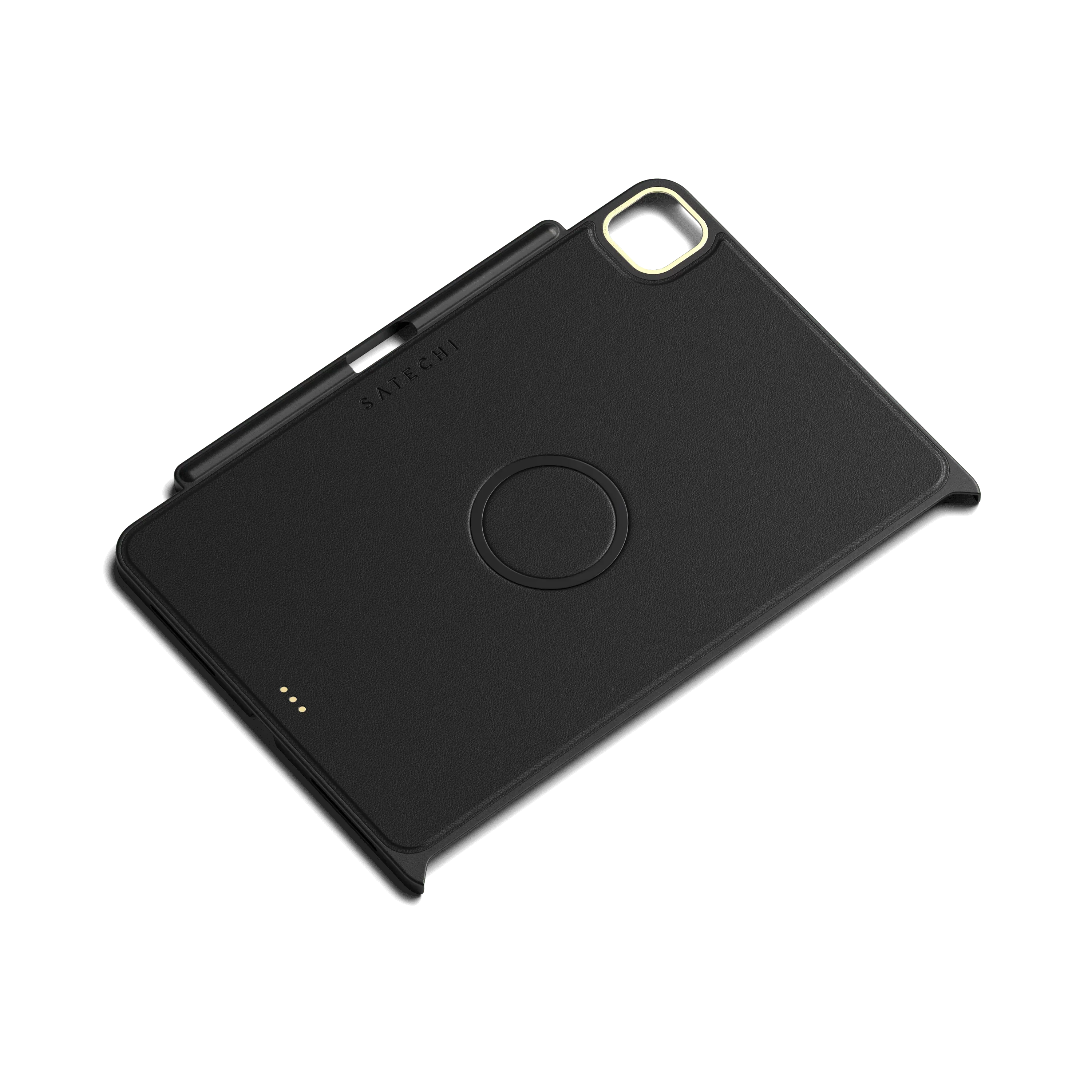 Satechi Vegan-Leather Magnetic Case for iPad Pro, sleek black design with built-in pencil holder.