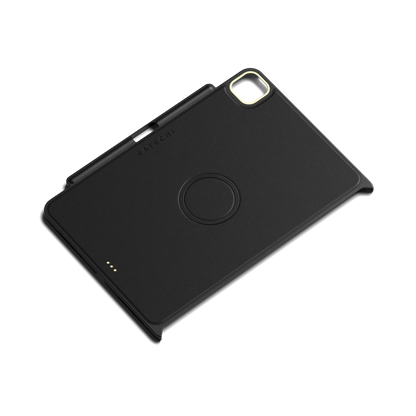 Satechi Vegan-Leather Magnetic Case for iPad Pro, sleek black design with built-in pencil holder.