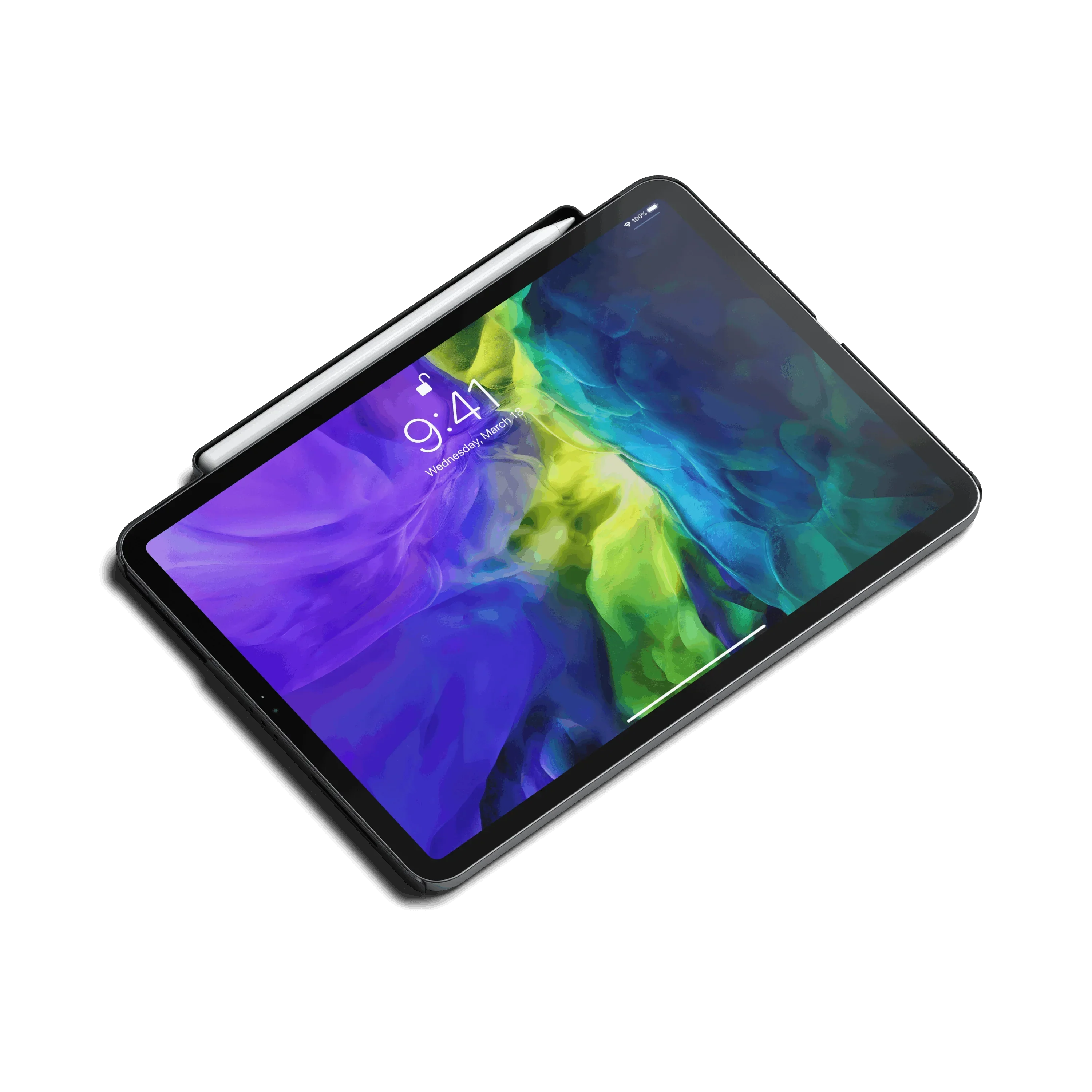 Stylish Satechi Vegan-Leather Magnetic Case for iPad Pro with Apple Pencil holder and vibrant display.