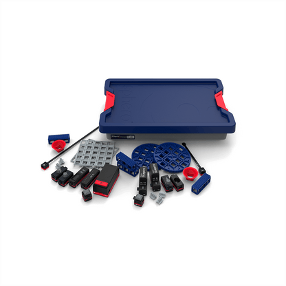 Sphero Blueprint Engineering Kit components including building pieces, sensors, motors, and a storage tray for hands-on learning.