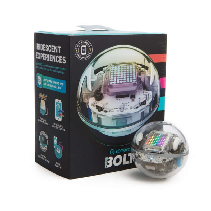 Sphero Bolt robot with iridescent box, showcasing a colorful LED panel for interactive coding experiences.