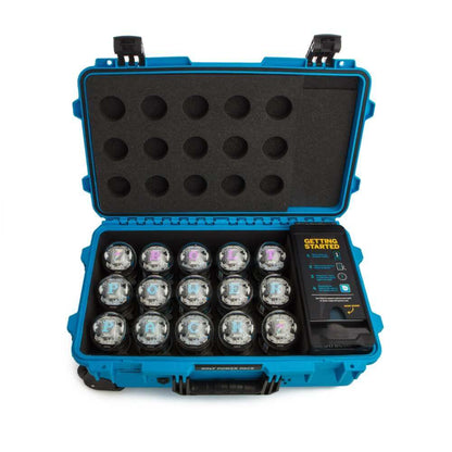 Sphero BOLT Power Pack containing 15 charging robots in a blue carrying case for easy storage and transport.