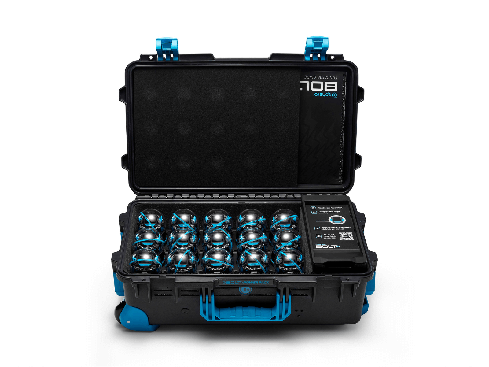 Sphero BOLT+ Power Pack case displaying 15 programmable robots for educational coding fun.