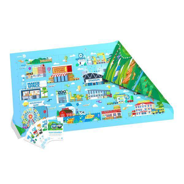Sphero Code Mat featuring colorful illustrations and coding challenge cards for learning block-based coding.