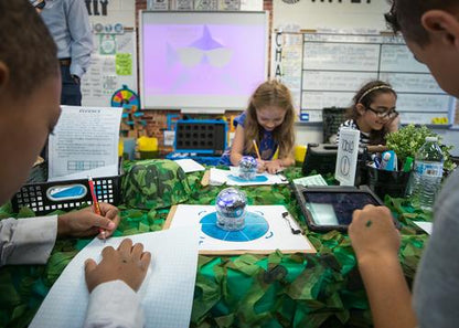 Students engaging with Sphero robots in a classroom, learning coding concepts in an interactive setting.