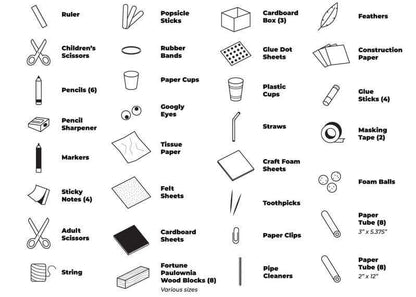 Image displaying various crafting supplies in the Sphero Craft Pack, including scissors, glue, foam sheets, and markers.
