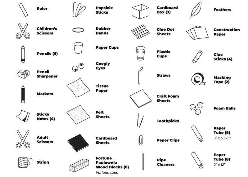 Image displaying various crafting supplies in the Sphero Craft Pack, including scissors, glue, foam sheets, and markers.