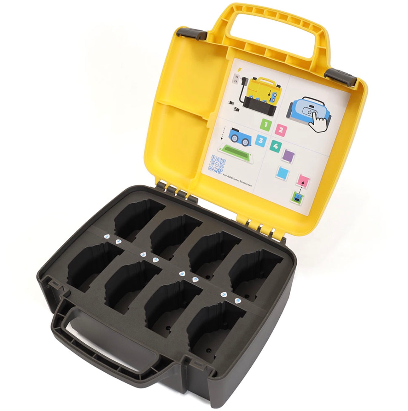 Sphero Indi Charging Case with space for eight robots and instructional guide, ideal for classroom storage and charging.