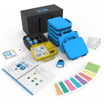 Sphero indi Classroom Pack with 8 robots, cases, instruction manual, and learning materials for STEAM education.