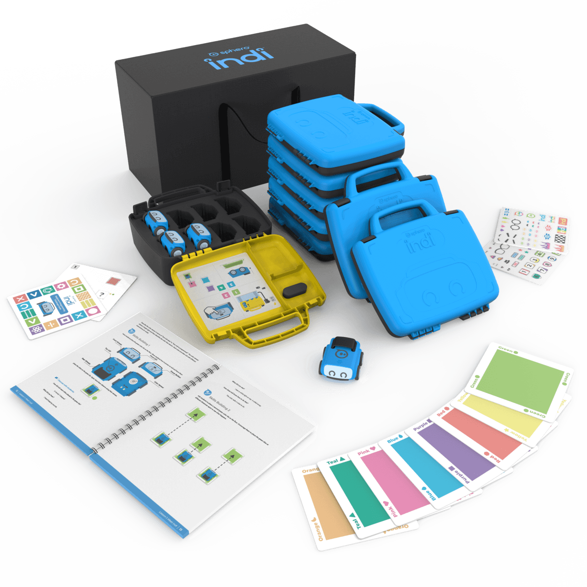 Sphero indi Classroom Pack with 8 robots, cases, instruction manual, and learning materials for STEAM education.